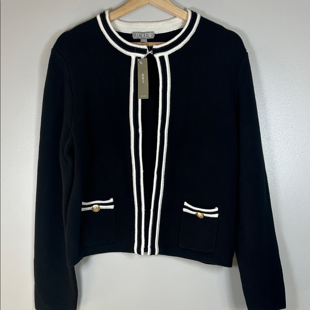 J. Crew Emilie Sweater Lady Jacket - Black and White Striped Contrast Trim